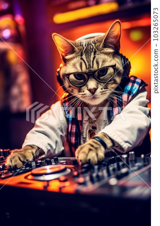 A crazy cat who is a DJ live set and mixing music on turntable console at stage in the night club. Generative AI 103265073