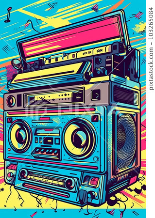 A retro-inspired poster , illustration of a boombox or cassette player with vibrant patterns and colors, symbolizing the music and fashion of the era. Generative AI 103265084