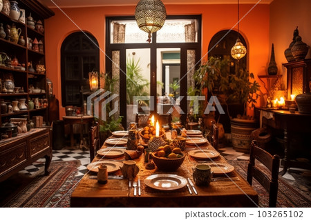 Moroccan Riad's dining area, with a beautifully set table adorned with Moroccan ceramics and traditional tableware, presenting an elegant and culturally rich dining experience. Generative Ai 103265102