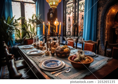 Moroccan Riad's dining area, with a beautifully set table adorned with Moroccan ceramics and traditional tableware, presenting an elegant and culturally rich dining experience. Generative Ai Moroccan Riad's dining area, with a beautifully set table adorned with Moroccan ceramics and traditional tableware, presenting an elegant and culturally rich dining experience. Generative Ai 103265135