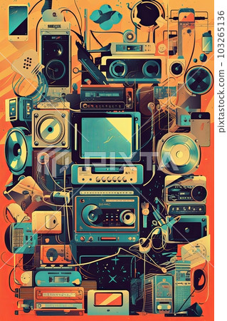 A vector collage poster of retro objects such as cassette tapes, floppy disks, and vintage electronics, creating a nostalgic atmosphere. Generative AI A vector collage poster of retro objects such as cassette tapes, floppy disks, and vintage electronics, creating a nostalgic atmosphere. Generative AI 103265136