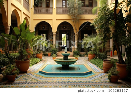 An image of a beautifully decorated Moroccan Riad courtyard, featuring colorful tiles, lush plants, and a central fountain, conveying the tranquil and exotic atmosphere of the space. Generative AI 103265137