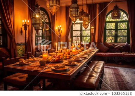 Moroccan Riad's dining area, with a beautifully set table adorned with Moroccan ceramics and traditional tableware, presenting an elegant and culturally rich dining experience. Generative Ai 103265138