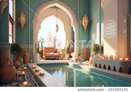 A composition featuring a traditional Moroccan spa room, with mosaic tiles, decorative arches, and spa accessories, promoting relaxation and wellness. Generative AI A composition featuring a traditional Moroccan spa room, with mosaic tiles, decorative arches, and spa accessories, promoting relaxation and wellness. Generative AI 103265141