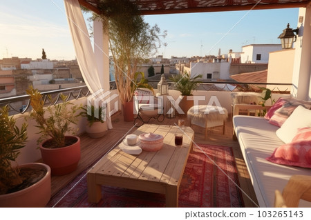 Moroccan Riad's rooftop terrace, featuring comfortable seating areas, panoramic views of the city, and vibrant Moroccan textiles, perfect for travel. Generative AI 103265143