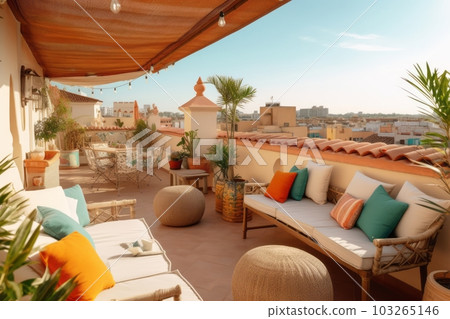 Moroccan Riad's rooftop terrace, featuring comfortable seating areas, panoramic views of the city, and vibrant Moroccan textiles, perfect for travel. Generative AI 103265146