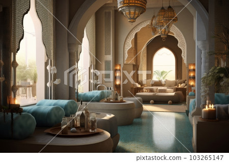 A composition featuring a traditional Moroccan spa room, with mosaic tiles, decorative arches, and spa accessories, promoting relaxation and wellness. Generative AI A composition featuring a traditional Moroccan spa room, with mosaic tiles, decorative arches, and spa accessories, promoting relaxation and wellness. Generative AI 103265147