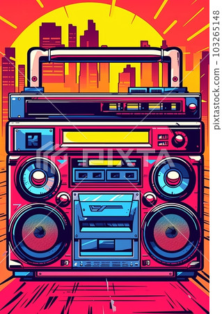 Illustration Old fashioned retro style audio tape recorder, ghetto boombox on a graphical background. Portable stereo. 80s music. Urban style party Generative Ai Illustration Old fashioned retro style audio tape recorder, ghetto boombox on a graphical background. Portable stereo. 80s music. Urban style party Generative Ai 103265148