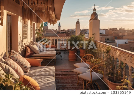 Moroccan Riad's rooftop terrace, featuring comfortable seating areas, panoramic views of the city, and vibrant Moroccan textiles, perfect for travel. Generative AI Moroccan Riad's rooftop terrace, featuring comfortable seating areas, panoramic views of the city, and vibrant Moroccan textiles, perfect for travel. Generative AI 103265149
