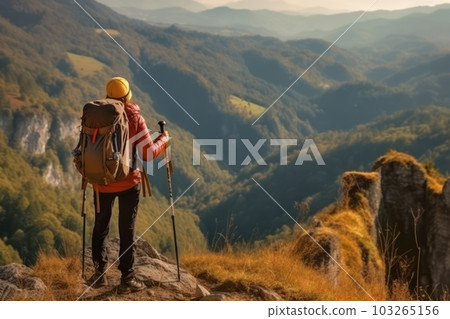 A young hiker person in sportswear watch a amazing panorama. Concept a sense of adventure and freedom. Generative AI 103265156