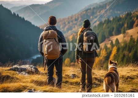 Couple with a backpack hiking with his beautiful dog in the mountains. Concept a sense of adventure and freedom. Generative Ai Couple with a backpack hiking with his beautiful dog in the mountains. Concept a sense of adventure and freedom. Generative Ai 103265161