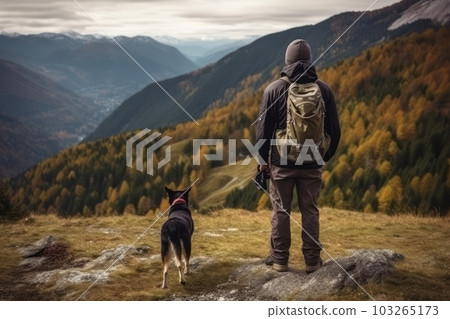 Man with a backpack hiking with his beautiful dog in the mountains. Concept a sense of adventure and freedom. Generative Ai Man with a backpack hiking with his beautiful dog in the mountains. Concept a sense of adventure and freedom. Generative Ai 103265173