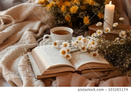 A chamomile-themed flat lay arrangement with chamomile tea, fresh flowers, a book, and a cozy blanket, creating a cozy and inviting scene ideal for lifestyle-related concepts. Generative AI 103265174