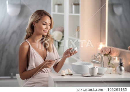 An elegant woman in a cozy bathroom setting, using a waxing kit , portraying the convenience and comfort of at-home waxing. Generative Ai An elegant woman in a cozy bathroom setting, using a waxing kit , portraying the convenience and comfort of at-home waxing. Generative Ai 103265185