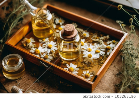 An overhead view of a wooden tray with chamomile flowers, essential oil, and dried petals, representing aromatherapy, natural skincare, and wellness concepts. Generative Ai An overhead view of a wooden tray with chamomile flowers, essential oil, and dried petals, representing aromatherapy, natural skincare, and wellness concepts. Generative Ai 103265186