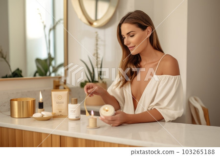 An elegant woman in a cozy bathroom setting, using a waxing kit , portraying the convenience and comfort of at-home waxing. Generative Ai An elegant woman in a cozy bathroom setting, using a waxing kit , portraying the convenience and comfort of at-home waxing. Generative Ai 103265188