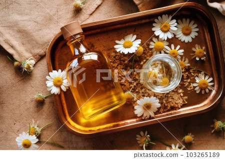 An overhead view of a wooden tray with chamomile flowers, essential oil, and dried petals, representing aromatherapy, natural skincare, and wellness concepts. Generative Ai An overhead view of a wooden tray with chamomile flowers, essential oil, and dried petals, representing aromatherapy, natural skincare, and wellness concepts. Generative Ai 103265189