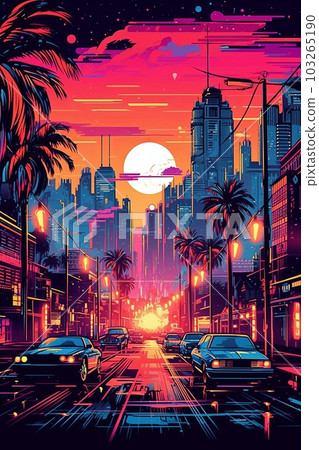 A vibrant poster, vector illustration of a cityscape at night with neon lights, palm trees, and retro buildings, evoking the atmosphere of an 80s metropolis. Generative AI A vibrant poster, vector illustration of a cityscape at night with neon lights, palm trees, and retro buildings, evoking the atmosphere of an 80s metropolis. Generative AI 103265190