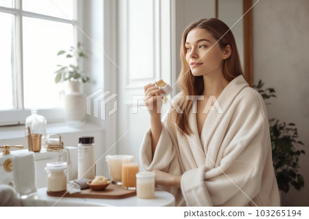 An elegant woman in a cozy bathroom setting, using a waxing kit , portraying the convenience and comfort of at-home waxing. Generative Ai An elegant woman in a cozy bathroom setting, using a waxing kit , portraying the convenience and comfort of at-home waxing. Generative Ai 103265194