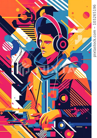 A retro-inspired poster, vector illustration of a DJ with turntables and headphones, surrounded by geometric shapes and vibrant colors, capturing the energy of 80s music culture. Generative AI A retro-inspired poster, vector illustration of a DJ with turntables and headphones, surrounded by geometric shapes and vibrant colors, capturing the energy of 80s music culture. Generative AI 103265196