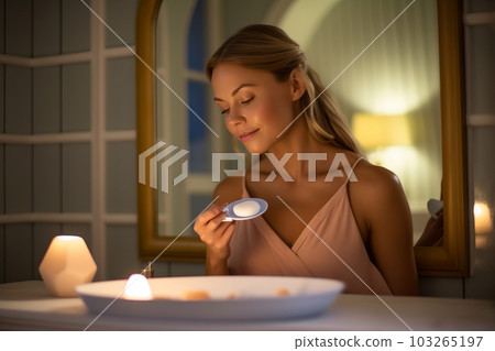 An elegant woman in a cozy bathroom setting, using a waxing kit , portraying the convenience and comfort of at-home waxing. Generative Ai 103265197