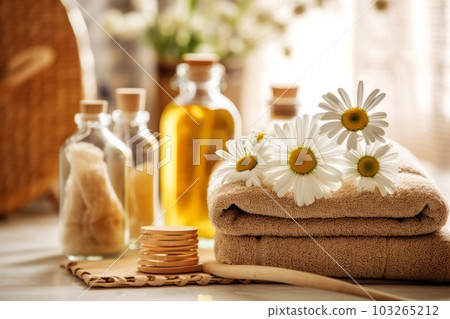 An image of a spa setting with chamomile-infused water, towels, and bath products, capturing the soothing and rejuvenating properties associated with chamomile. Generative Ai An image of a spa setting with chamomile-infused water, towels, and bath products, capturing the soothing and rejuvenating properties associated with chamomile. Generative Ai 103265212