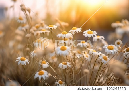 A field of chamomile flowers with a blurred background, creating a soft and dreamy atmosphere that evokes feelings of peace and calmness. Generative Ai 103265213