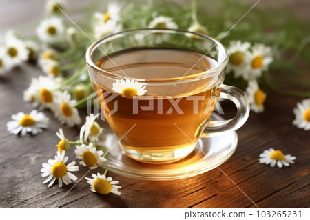 A cup of chamomile tea with a teabag and chamomile flowers floating on the surface, representing relaxation, wellness, and herbal remedies. Generative Ai 103265231