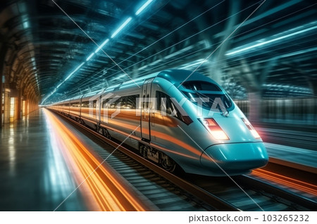 High speed train driving along the rails through a train station tunnel at night. Motion Blur image. Generative Ai 103265232