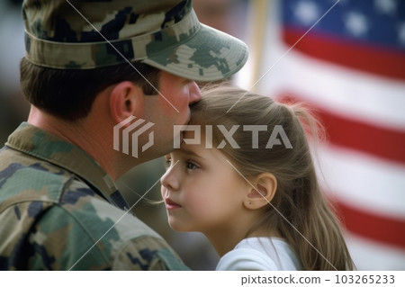 Affectionate military reunion between father and daughter in background american flag . Generative Ai 103265233