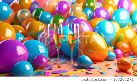 Some colorful balloons and champagne glasses. Concept Christmas and New Year holidays background. Generative AI 103265271