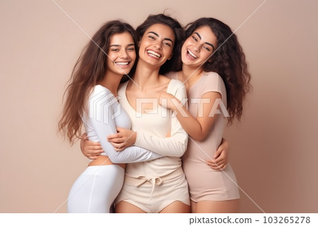 Three lovely female models dressed in pastel standing on studio background smiling, having fun, happy time concept. Generative AI 103265278