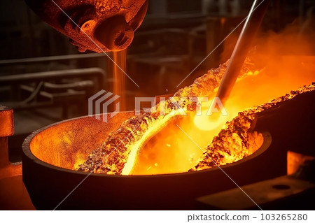 Close-up of molten steel being poured from a ladle, capturing the intense heat and fluidity of the metal. Generative AI 103265280