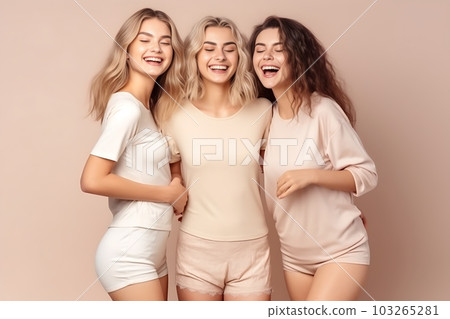 Three lovely female models dressed in pastel standing on studio background smiling, having fun, happy time concept. Generative AI 103265281