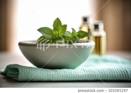 An image of a spa setting with a bowl of water infused with mint leaves, accompanied by a towel and a sprig of mint, symbolizing relaxation, rejuvenation. Generative Ai 103265297