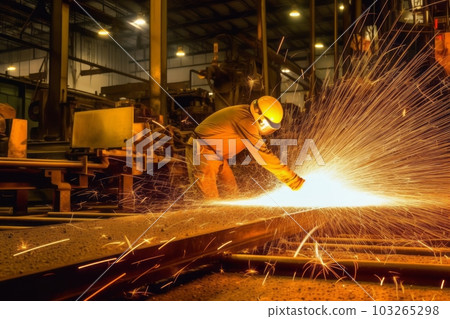 Image of sparks flying during the steel fabrication process, capturing the energy and craftsmanship involved in steel production. Generative AI 103265298