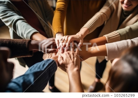 Multiethnic and multiracial diverse group of people holding hands and forming a circle. Generative Ai Multiethnic and multiracial diverse group of people holding hands and forming a circle. Generative Ai 103265299