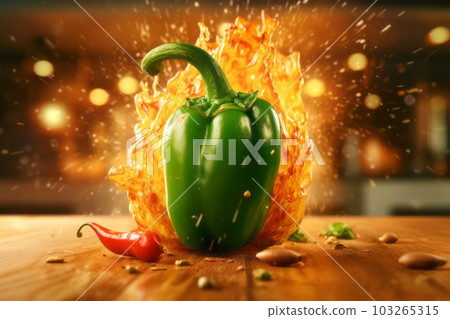 A creative concept of a jalapeno pepper with a fiery explosion of flames bursting out from it, symbolizing its intense heat and flavor, ideal for bold and eye-catching ad campaigns. Generative AI A creative concept of a jalapeno pepper with a fiery explosion of flames bursting out from it, symbolizing its intense heat and flavor, ideal for bold and eye-catching ad campaigns. Generative AI 103265315