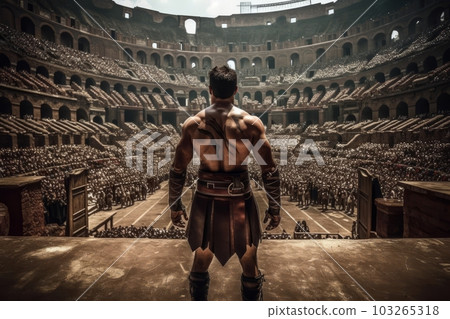 A dramatic shot of a gladiator in the Colosseum, showcasing the intensity and spectacle of Roman entertainment. Generative AI A dramatic shot of a gladiator in the Colosseum, showcasing the intensity and spectacle of Roman entertainment. Generative AI 103265318