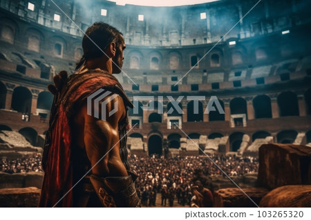 A dramatic shot of a gladiator in the Colosseum, showcasing the intensity and spectacle of Roman entertainment. Generative AI A dramatic shot of a gladiator in the Colosseum, showcasing the intensity and spectacle of Roman entertainment. Generative AI 103265320