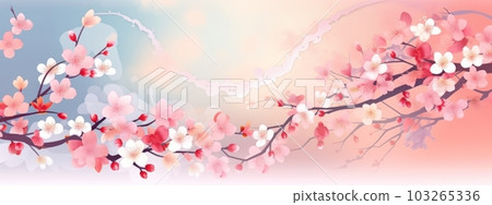 A banner design featuring a cascade of delicate cherry blossoms, gently falling against a soft pastel background, evoking a sense of serenity and tranquility. Generative AI 103265336