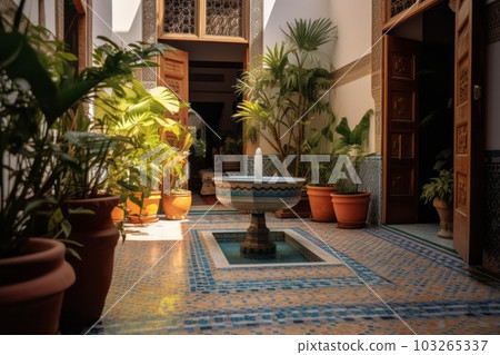 An image of a beautifully decorated Moroccan Riad courtyard, featuring colorful tiles, lush plants, and a central fountain, conveying the tranquil and exotic atmosphere of the space. Generative AI An image of a beautifully decorated Moroccan Riad courtyard, featuring colorful tiles, lush plants, and a central fountain, conveying the tranquil and exotic atmosphere of the space. Generative AI 103265337