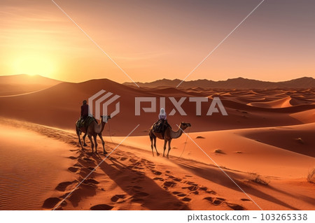 A stunning desert landscape image featuring the golden dunes of the nearby Sahara Desert, with a camel caravan in the distance, evoking the sense of adventure and exploration. Generative Ai 103265338