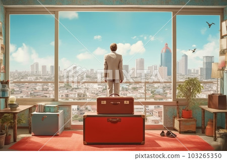 An surreal image of a hitman in a luxurious penthouse, overlooking a city skyline, with a briefcase containing a large sum of money or a target's sensitive documents. Generative AI 103265350