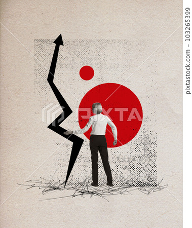 Contemporary art collage with analyst standing near arrow which going up and demonstrating company progress, profitabilities over light background with abstract object 103265399