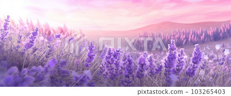 A banner design showcasing a field of lavender in full bloom, with soft purple hues and delicate petals, creating a soothing and aromatic atmosphere. Generative AI 103265403