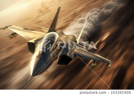 Fighter jet soaring through the sky at high speed, with the afterburners ignited, showcasing its raw power and agility. Generative AI 103265408