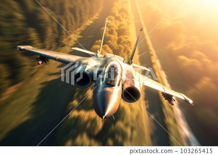 Fighter jet soaring through the sky at high speed, with the afterburners ignited, showcasing its raw power and agility. Generative AI Fighter jet soaring through the sky at high speed, with the afterburners ignited, showcasing its raw power and agility. Generative AI 103265415