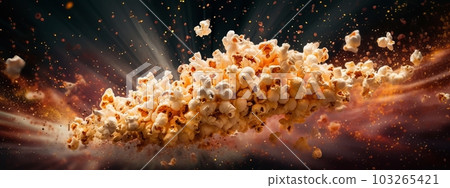 A dynamic image of popcorn being tossed into the air, with kernels forming a popcorn explosion, accompanied by vibrant colors and motion trails. Concept web banner. Generative AI 103265421