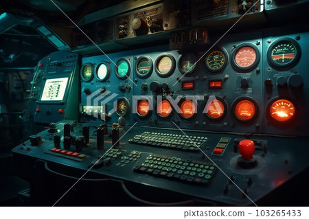 A close-up image of the control panel inside a submarine's command center, with illuminated buttons and displays, capturing the high-tech and sophisticated nature of the vessel. Generative AI 103265433